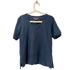 FLAX Fundamental Tee 100% Linen Top Blue Short Sleeve Scoop Neck Lagenlook S